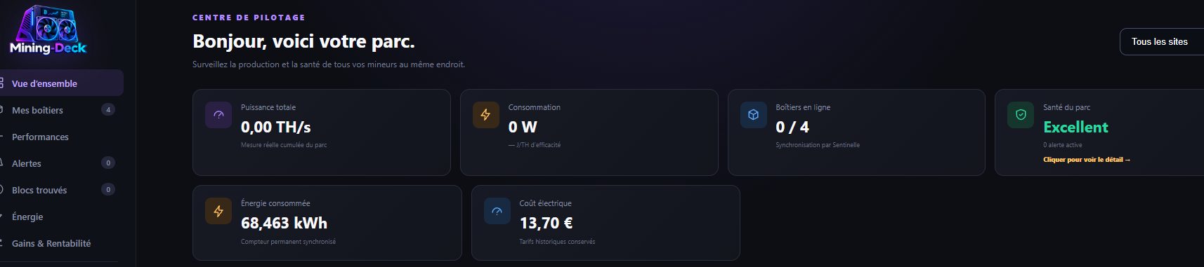 Tableau de bord Mining-Deck sur ordinateur avec hashrate, consommation et boîtiers en ligne