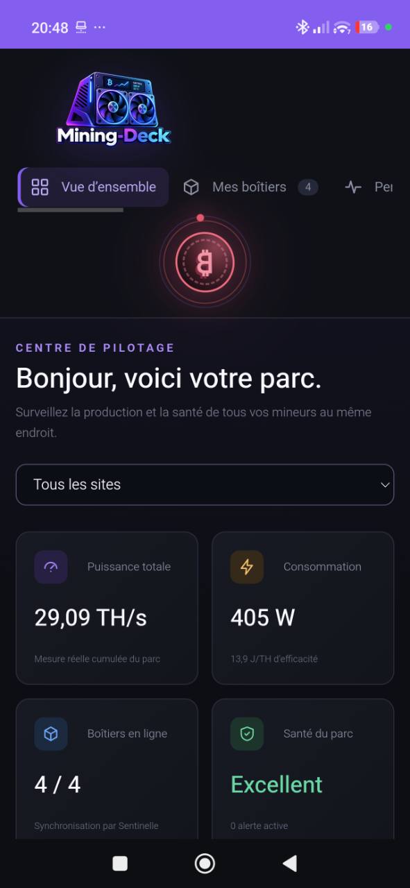 Interface mobile Mining-Deck affichant la puissance, la consommation et la santé du parc